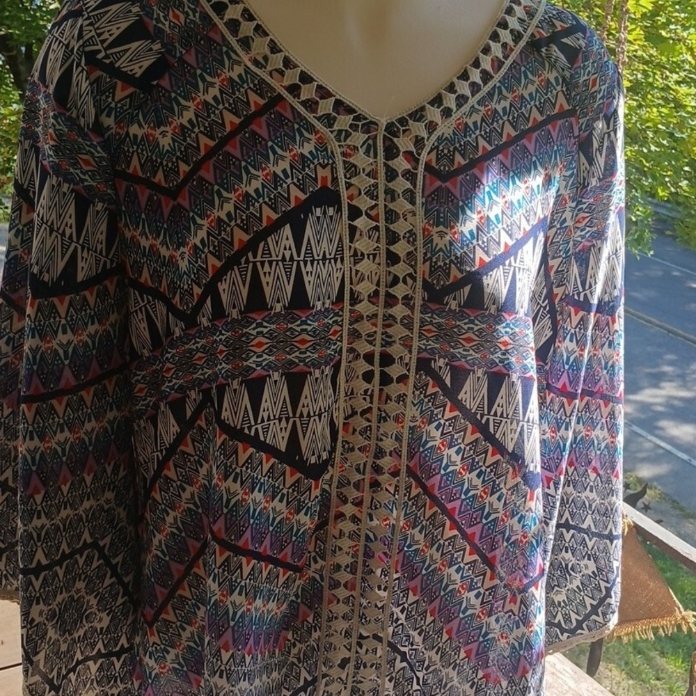 Cato Women's 18 W, Multicolor Geometric Print BOHO, Tunic, Chrochet